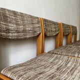 Set of 6 mid-century chairs in honey wood and tweed, 1970 design by dlg Regain.