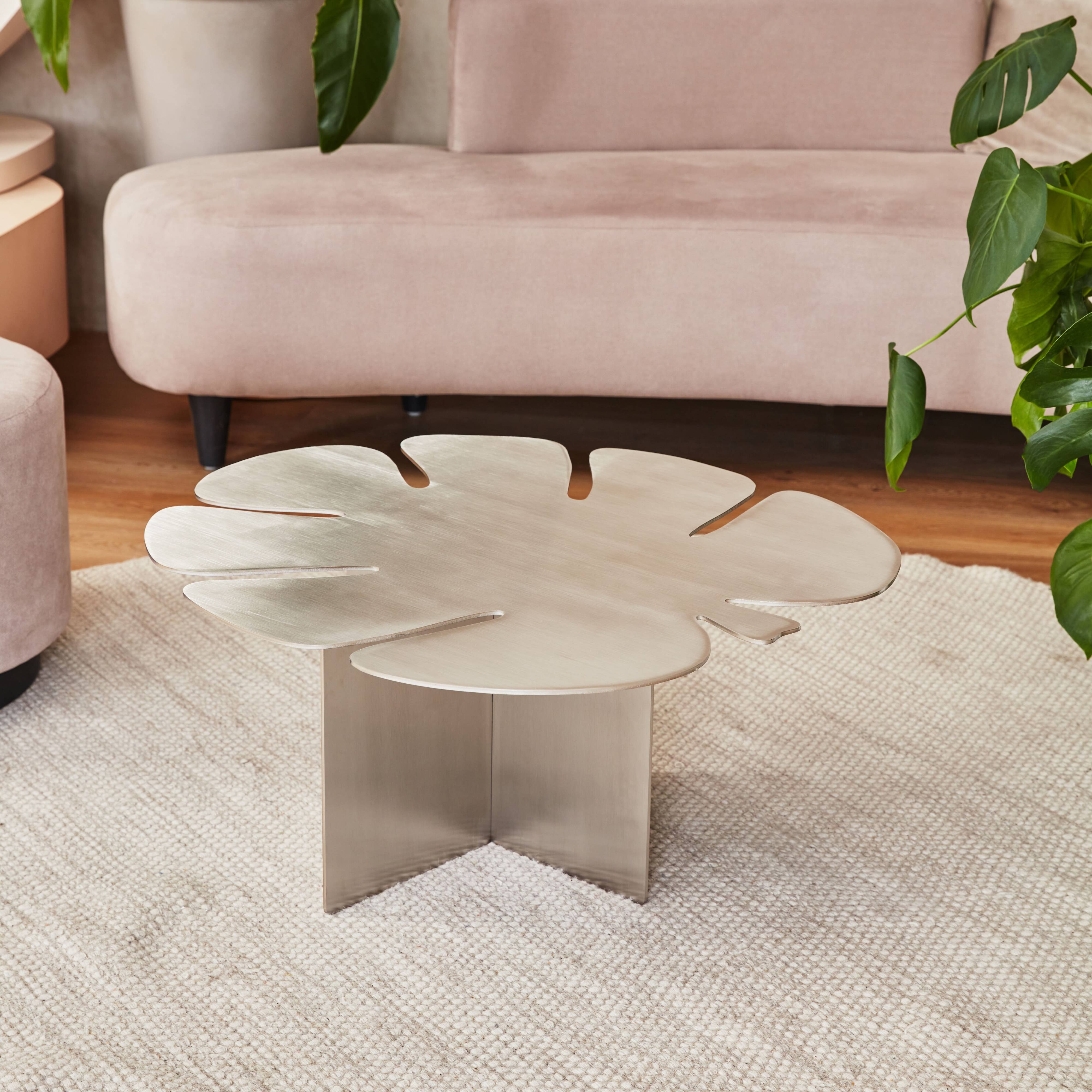 Table basse feuille Monstera – Acier inox brossé – Design sculptural