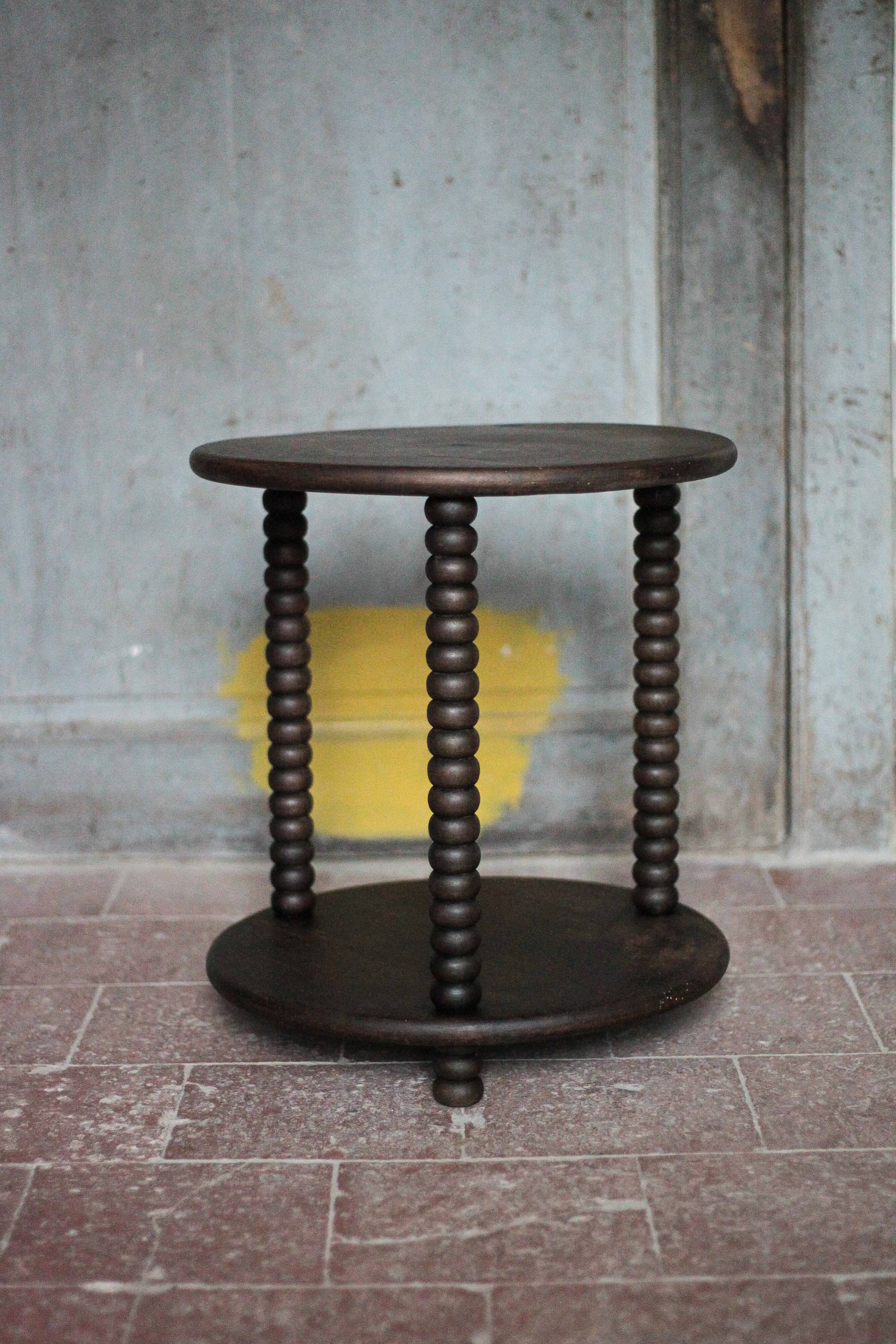 Turned wood coffee table, wooden side table, bedside table.