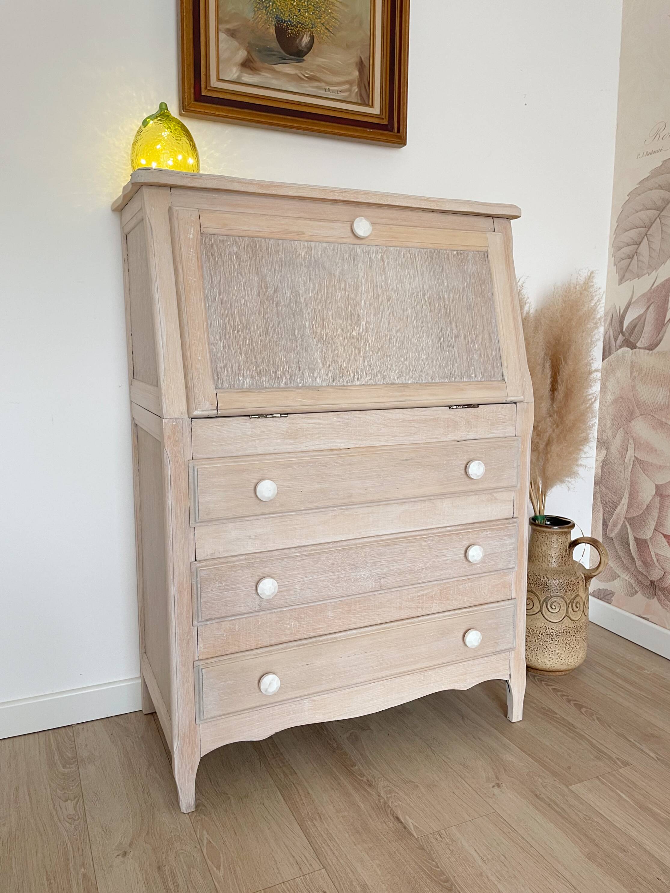Antique donkey back secretary, white patina with a ceruse effect