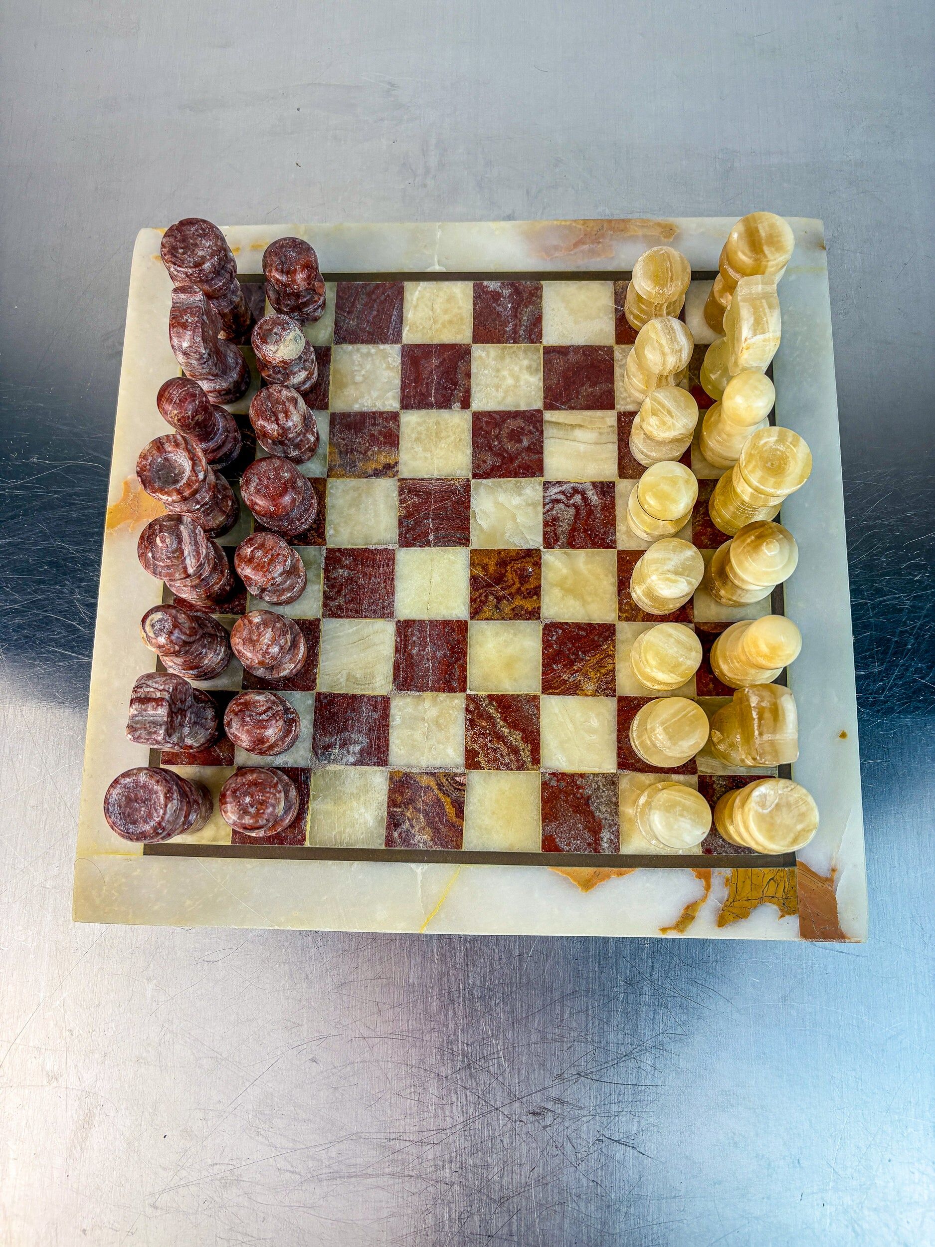 Vintage Italian genuine alabaster chess set with carved pieces, 1970s