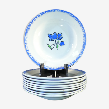 9 assiettes creuses Badonviller décor fleur bleu