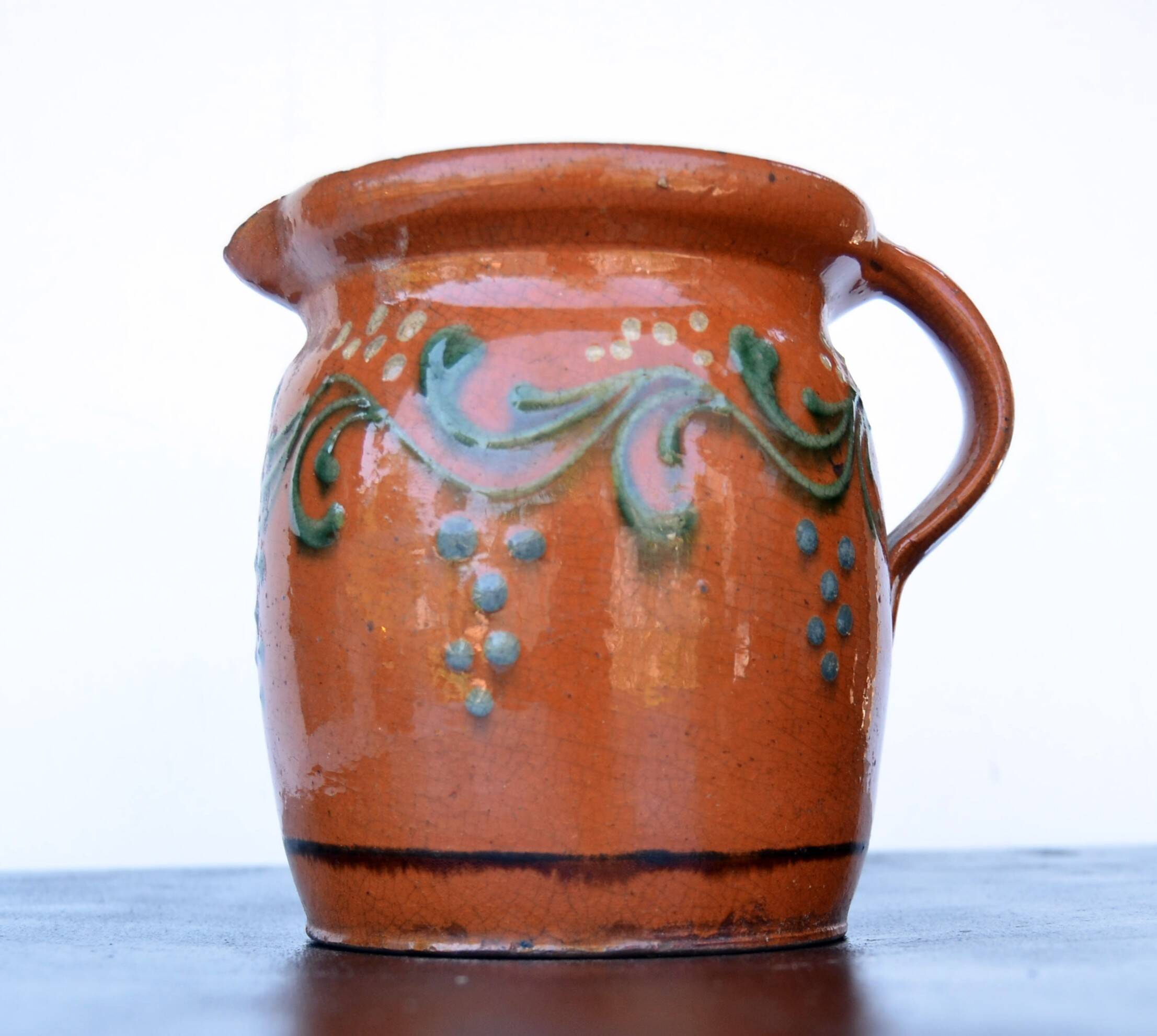 19 th Century French Glazed Terracotta Pitcher Alsace