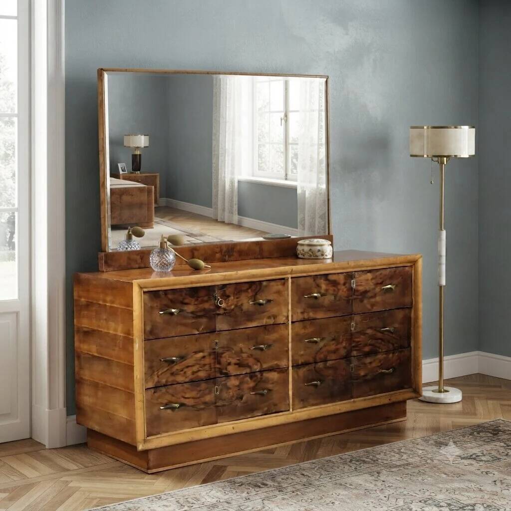 Vintage walnut burl commode with brass handles, Italian design from the 1940s.