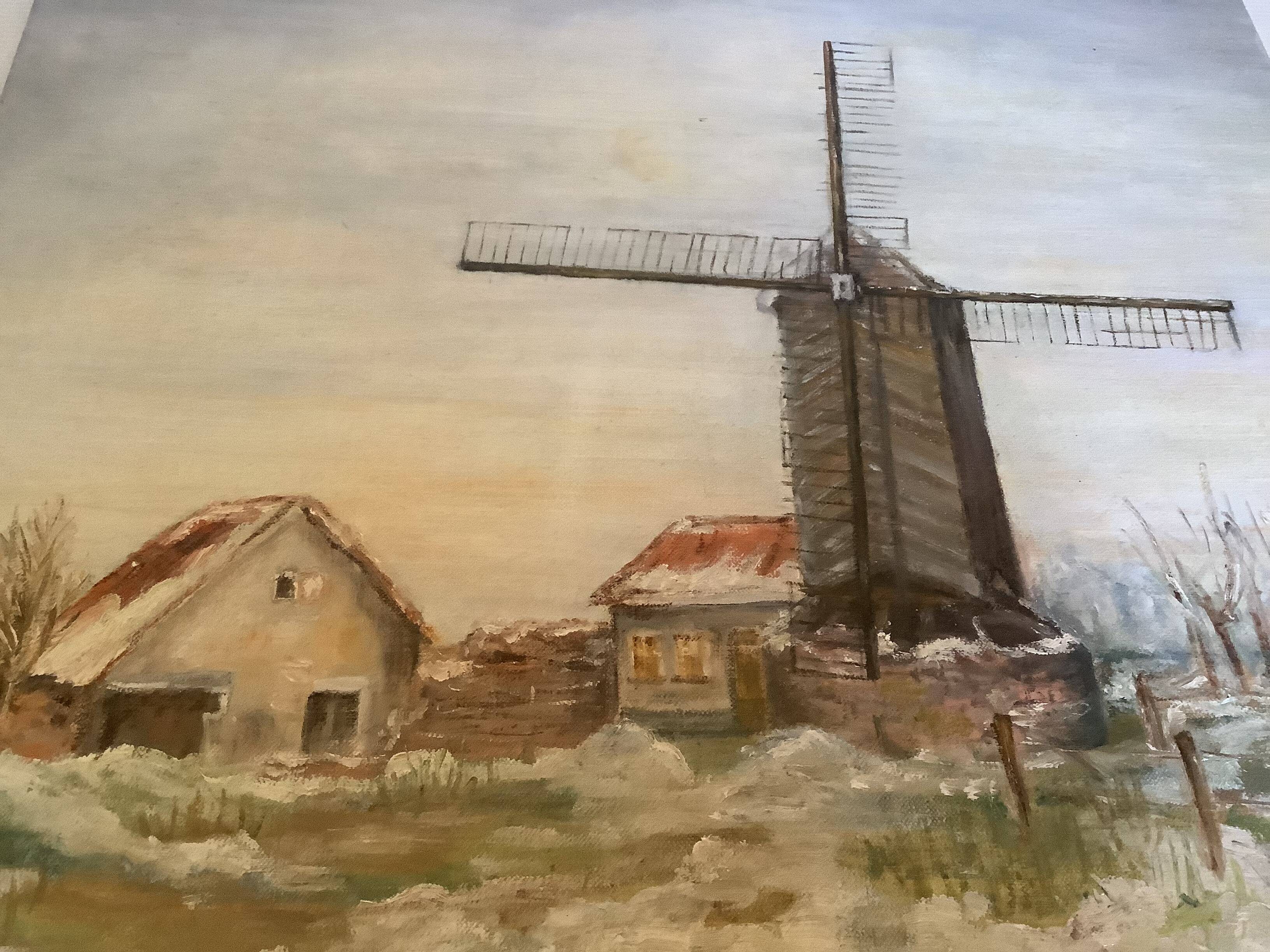 Painting winter landscape with a mill oil on canvas signed