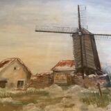 Painting winter landscape with a mill oil on canvas signed