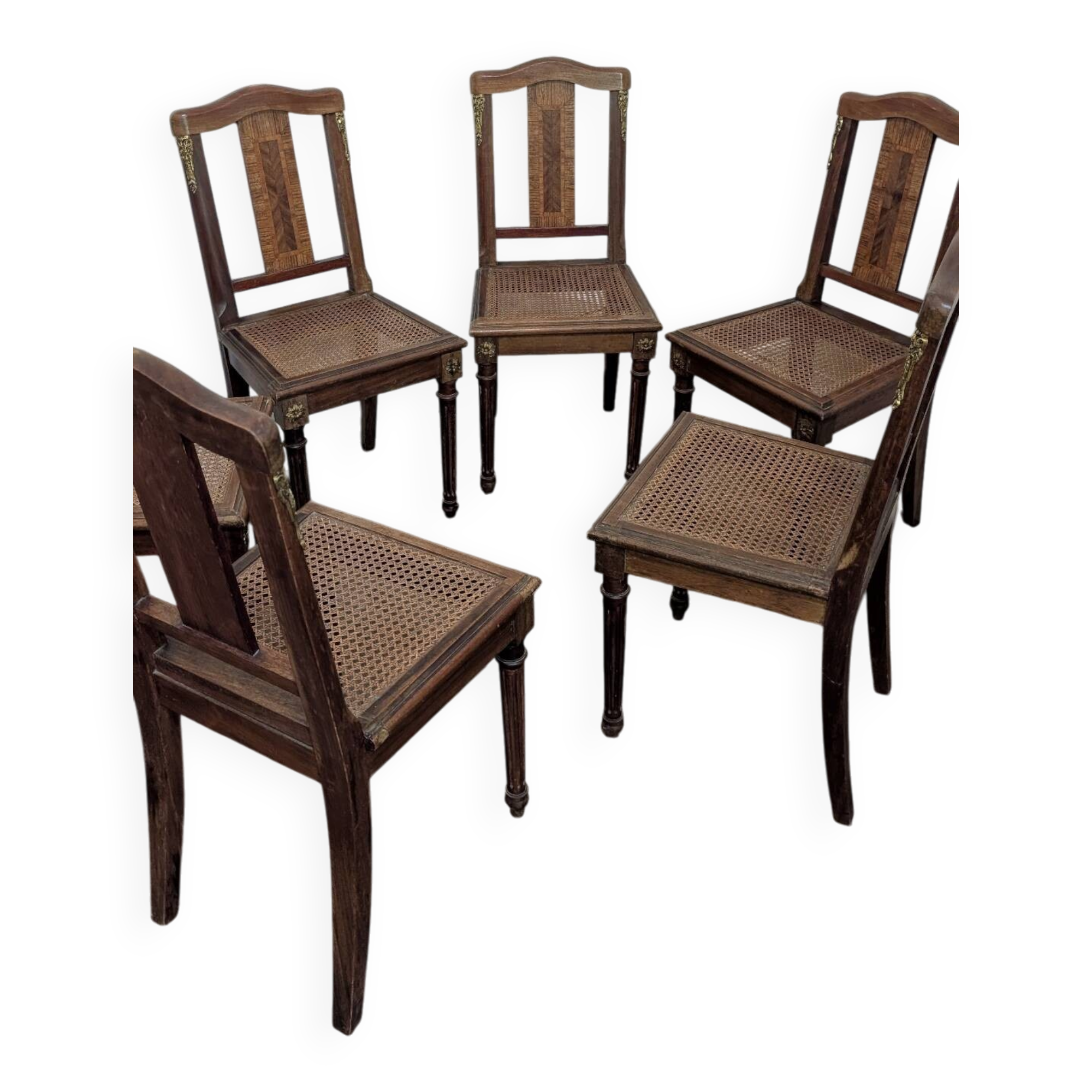Set of 6 Louis XVI chairs in marquetry wood and caning.