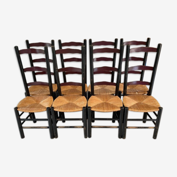 Set of 8 wooden chairs seated straw, black studs beautiful patina