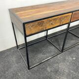 Console in old wood and metal base with 4 drawers