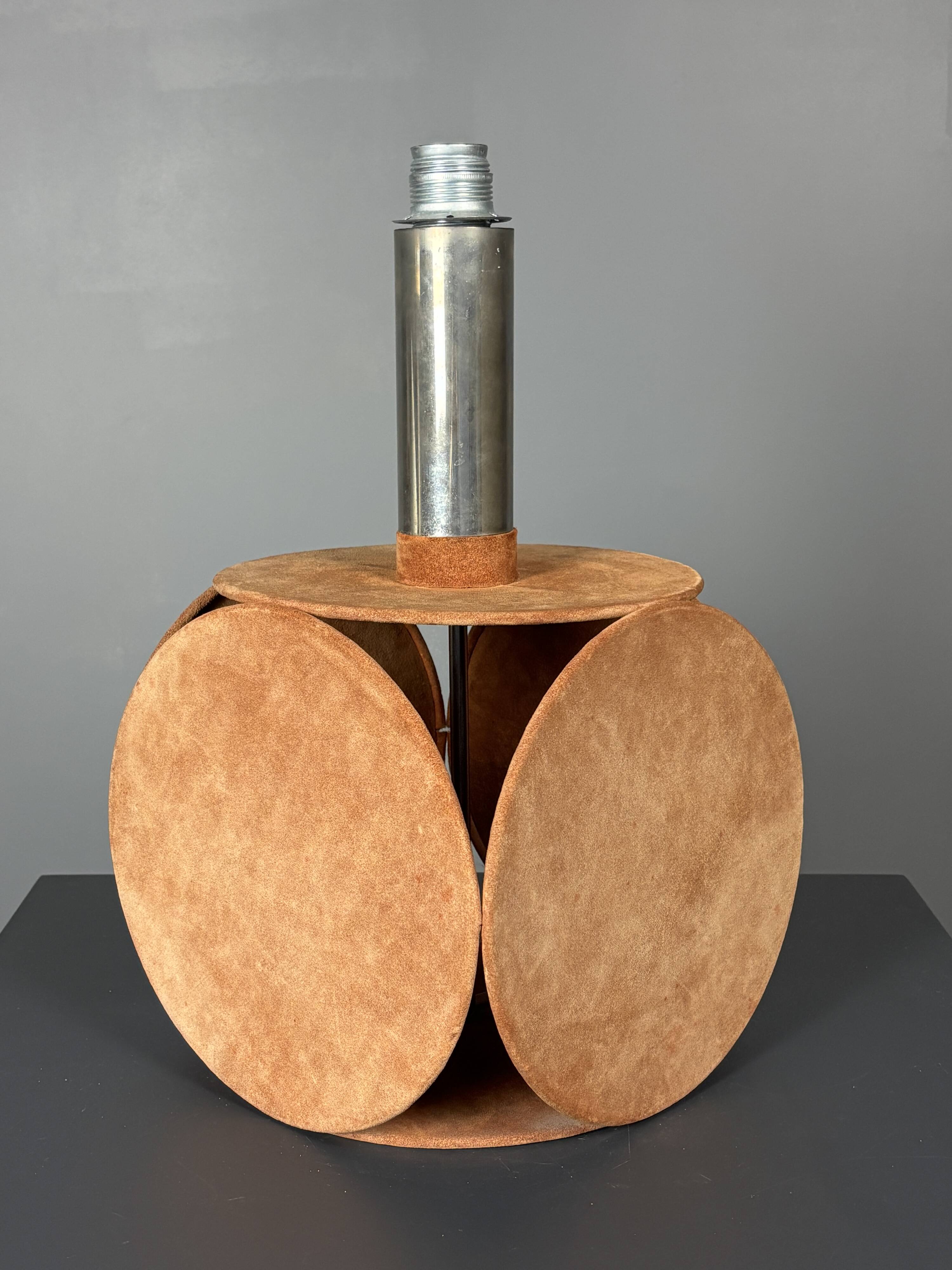 Midcentury XL ( 82 cm ) imposing terracotta suede table lamp. 1970s