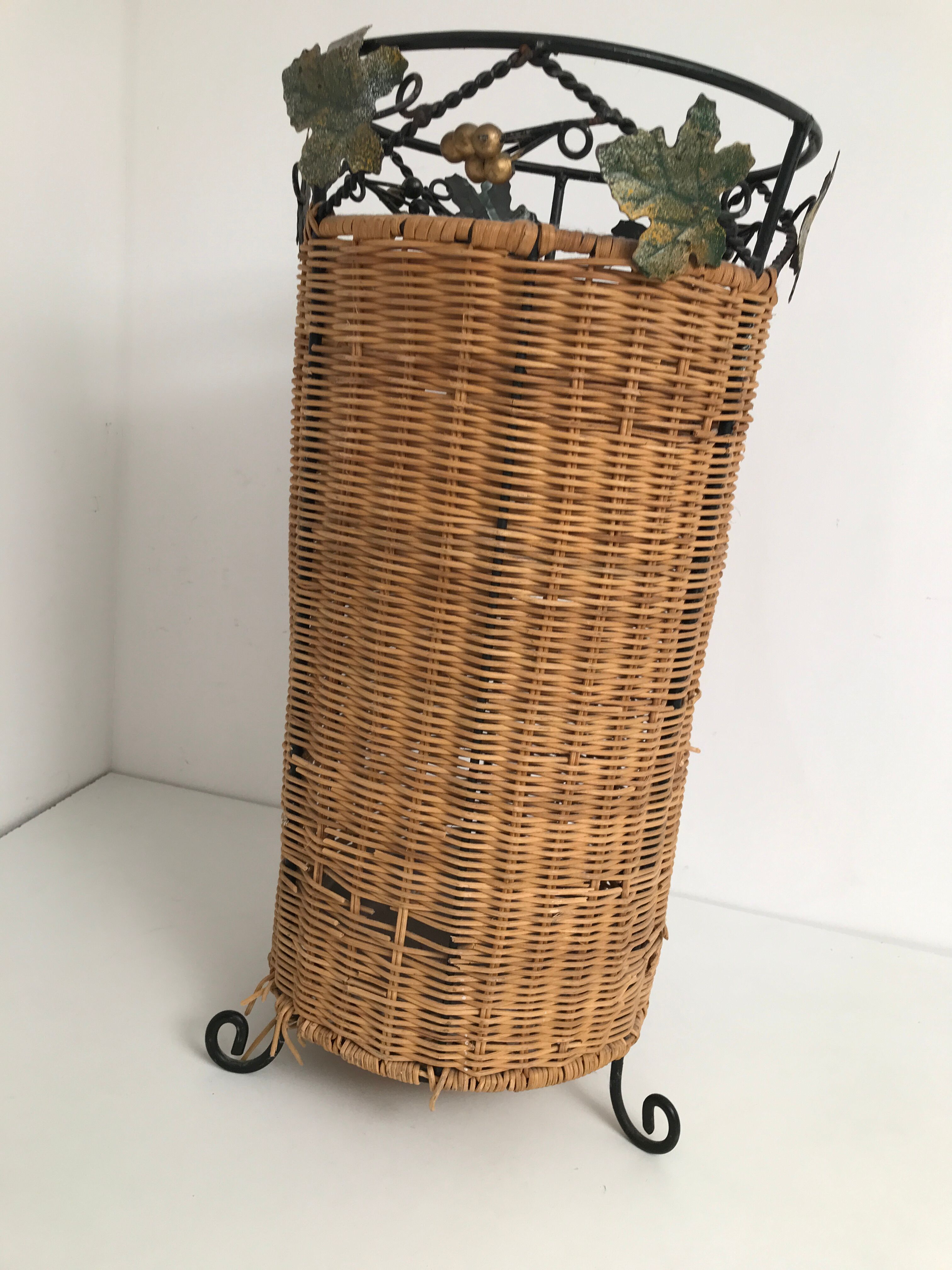 Vintage rattan and wrought iron umbrella holder