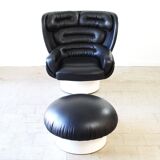 Joe Colombo Elda Chair + Ottoman in Black Leather and White Fiberglass Shell