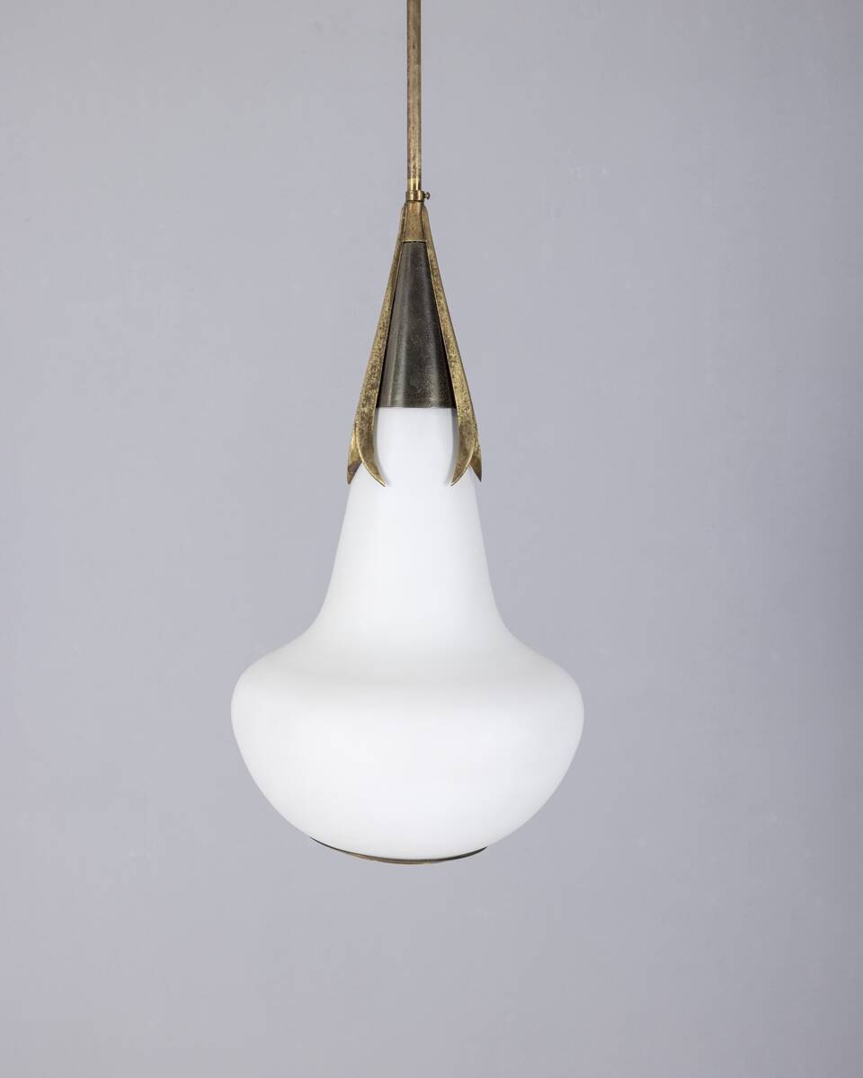 Vintage 1960s brass and opaline glass chandelier, designed by Stilnovo