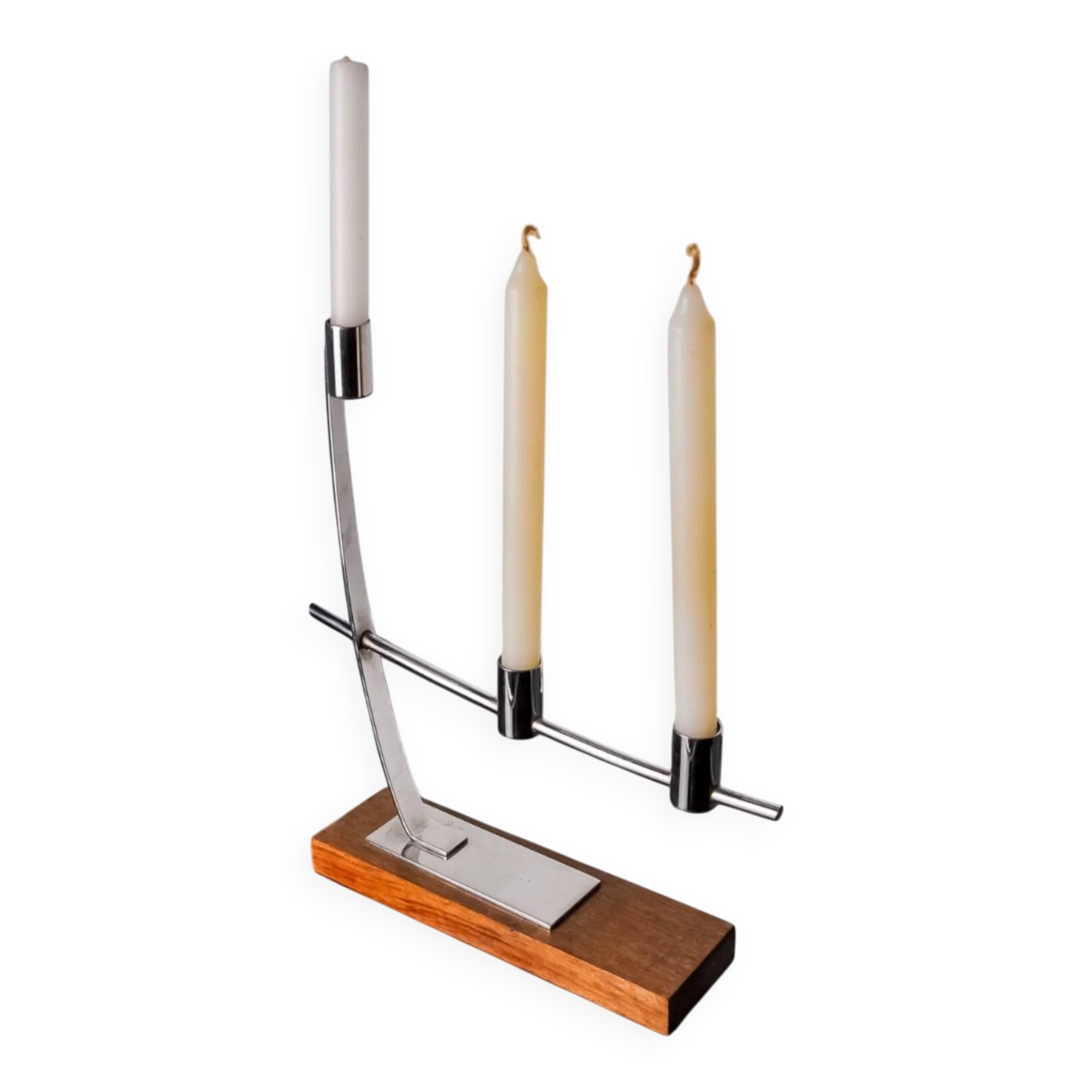 Candlestick in stainless steel and rosewood, 3 flames, Denmark, 1970