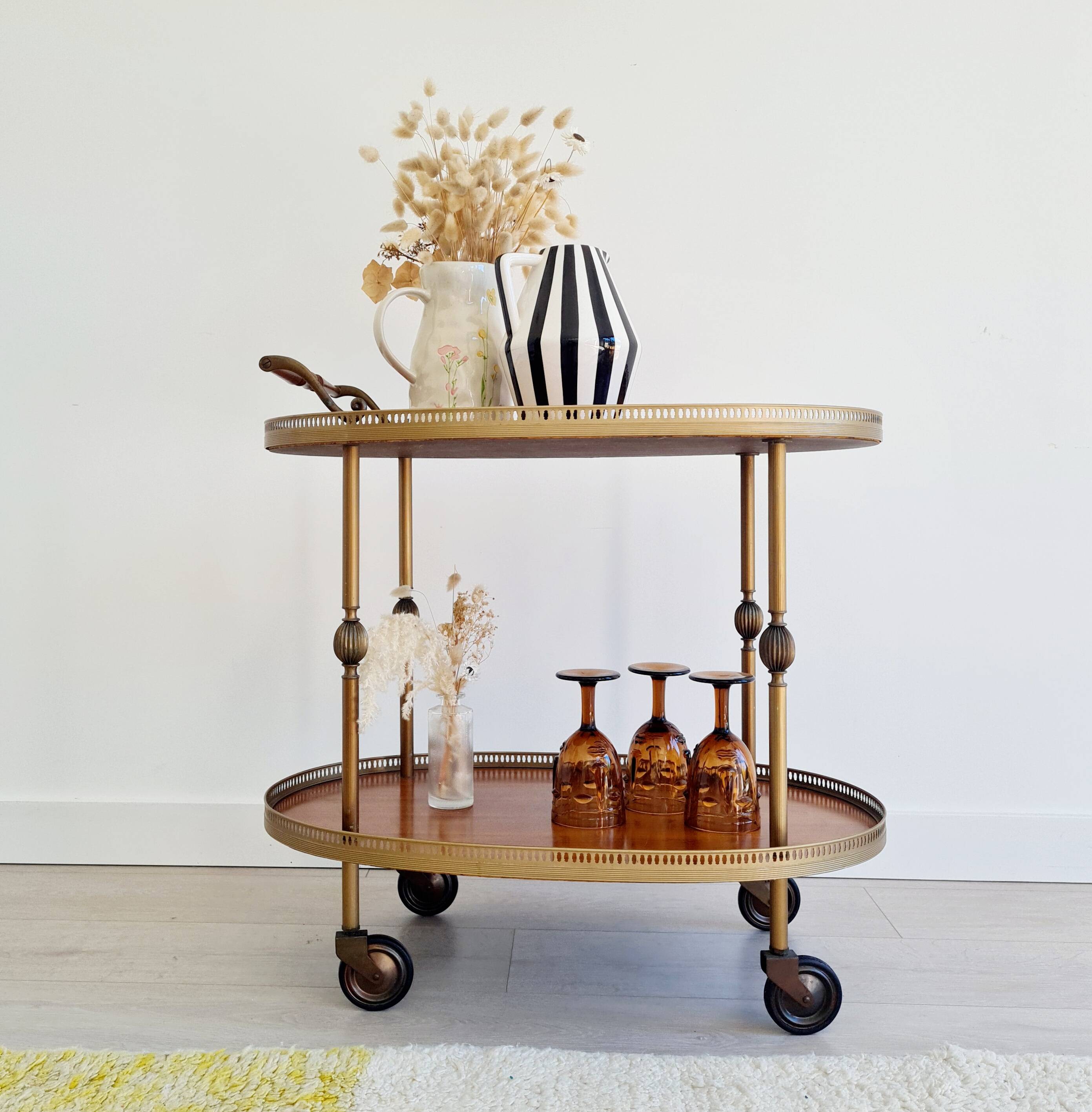 Antique brass rolling oval tray trolley