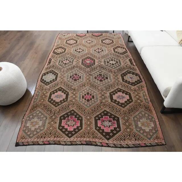 1970s Vintage Turkish Hand-Knotted Wool Cotton Brown Area Rug 166x286