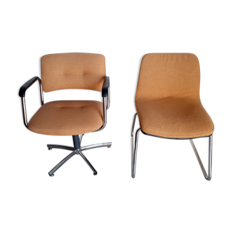 Fauteuil et chaise de bureau vintage Steelcase Strafor en métal chromé années 70