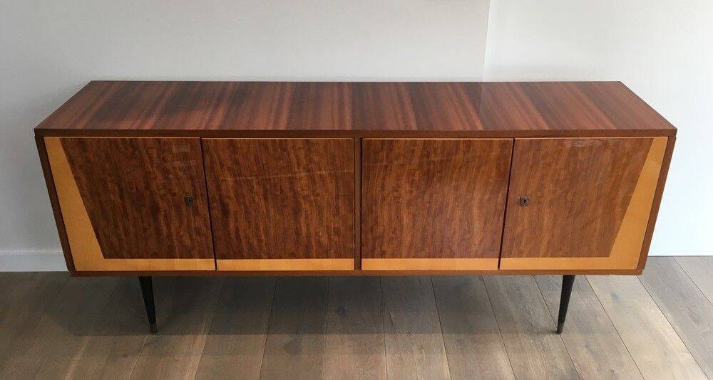 Designer sideboard with 4 doors in sapele mahogany and sycamore on a blackened wood base