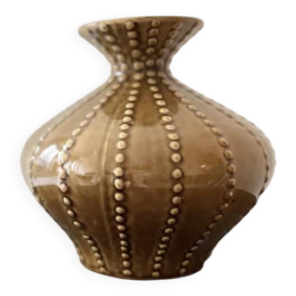 Pyriform vase in glazed ochre ceramic with beads.