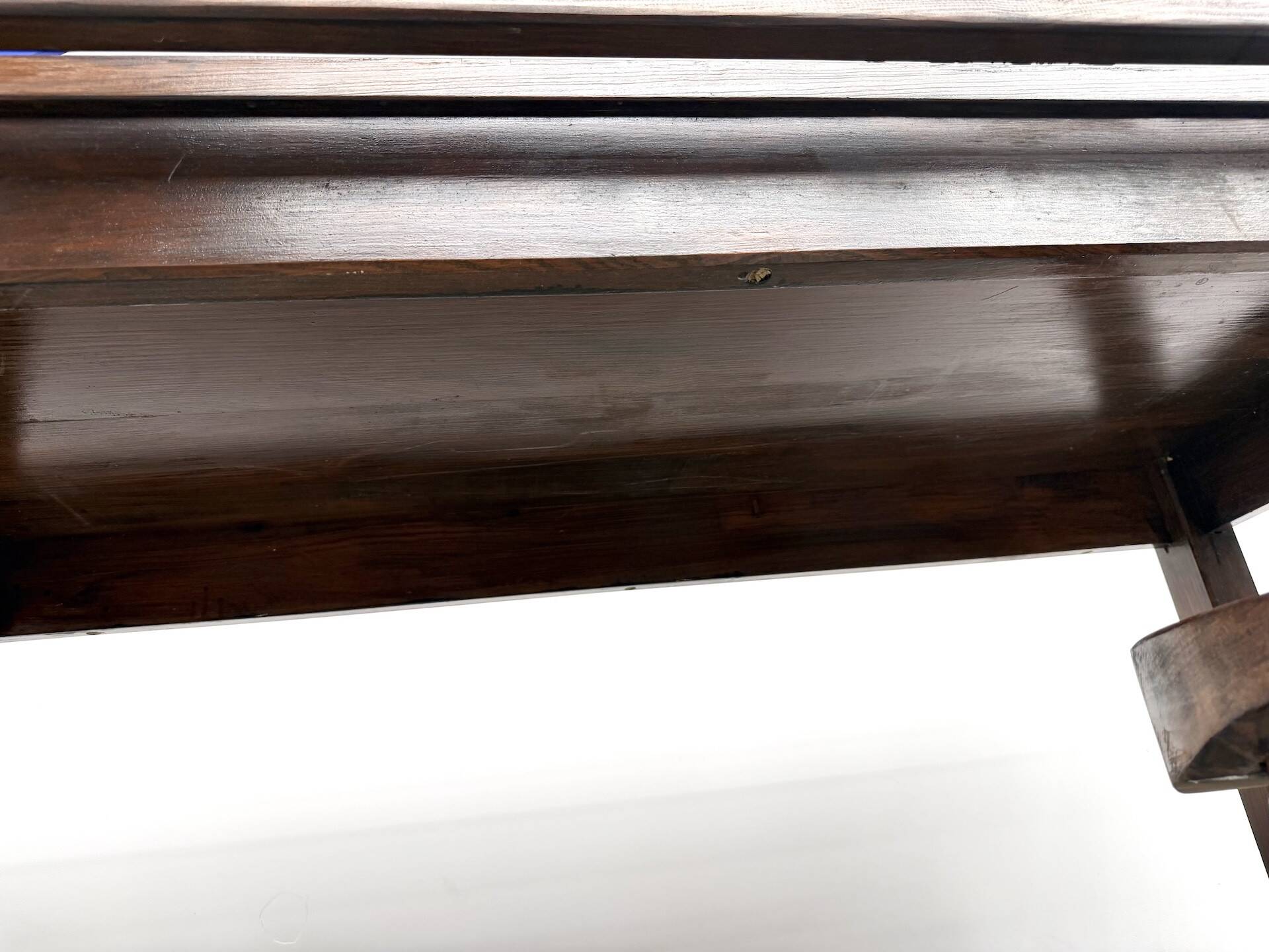 Solid pine work table, grooved top, satin brown finish, year