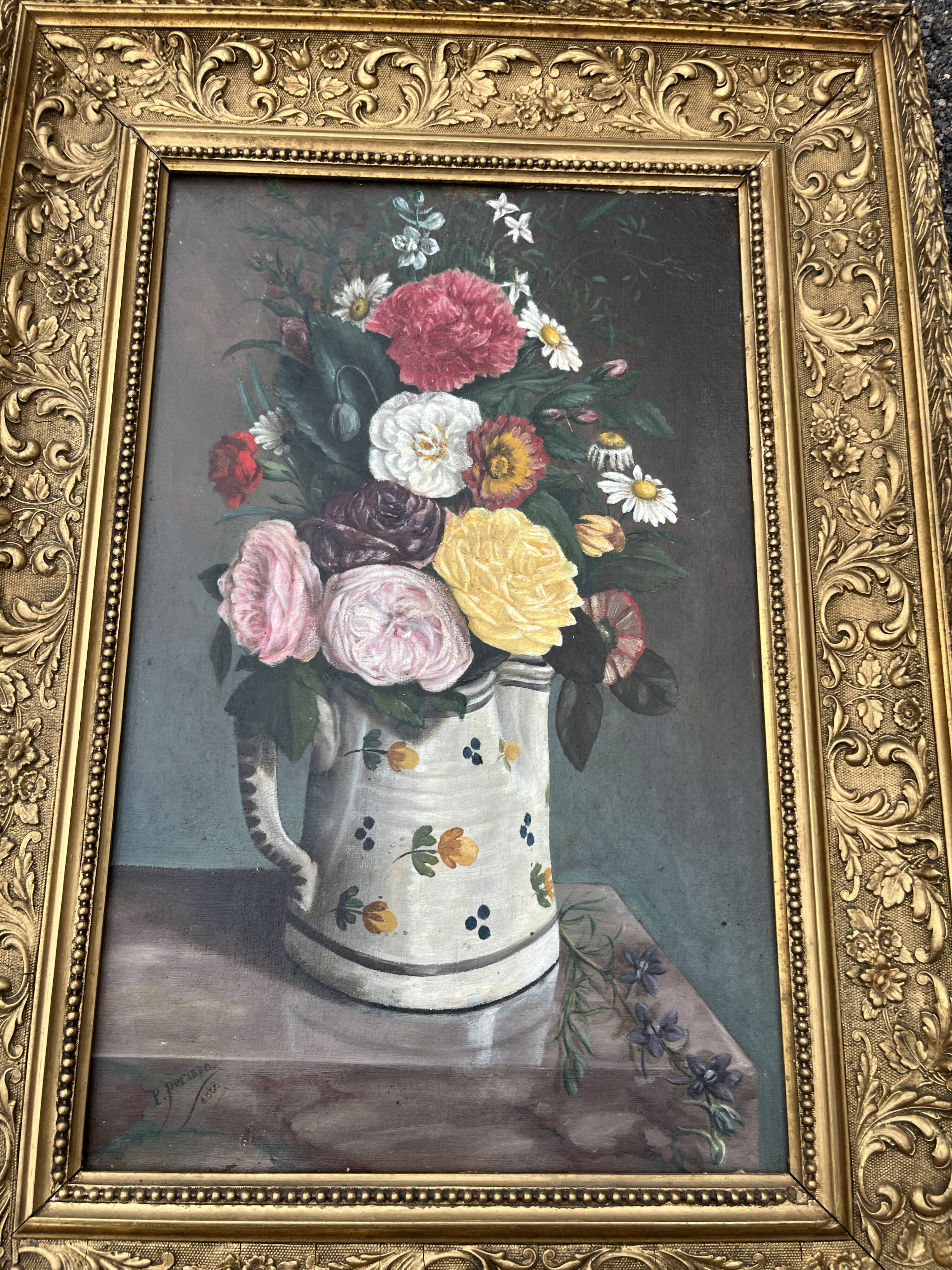 Oil on canvas, old, signed P. Perrisse, dated 1888, bouquet of flowers.