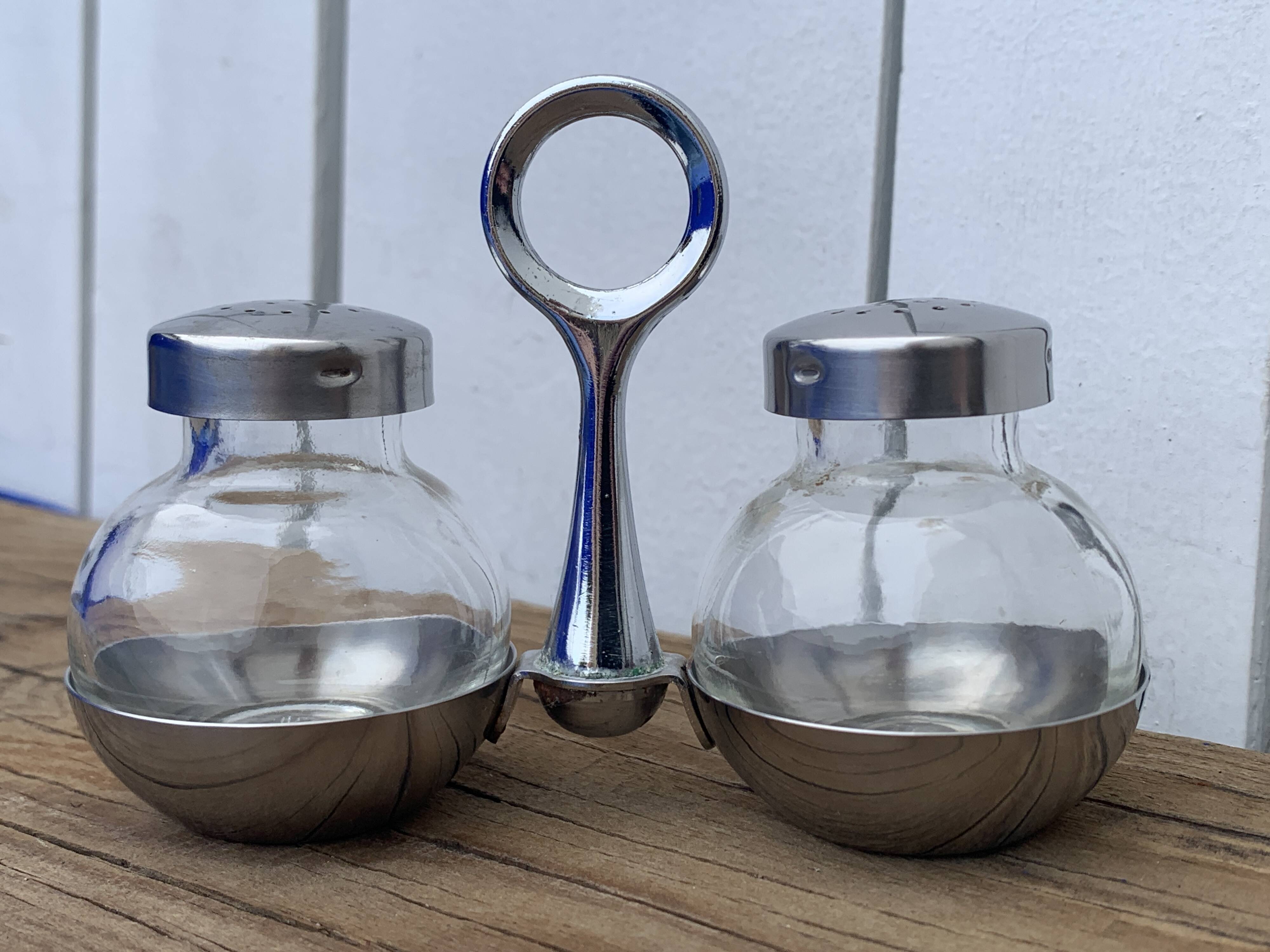 German salt and pepper shaker WMF in metal and glass, 1970