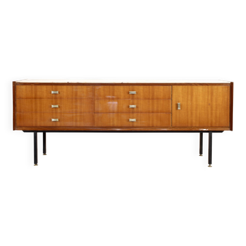 Enfilade italienne en teck, marbre de Carrare, laiton et acier, années 50