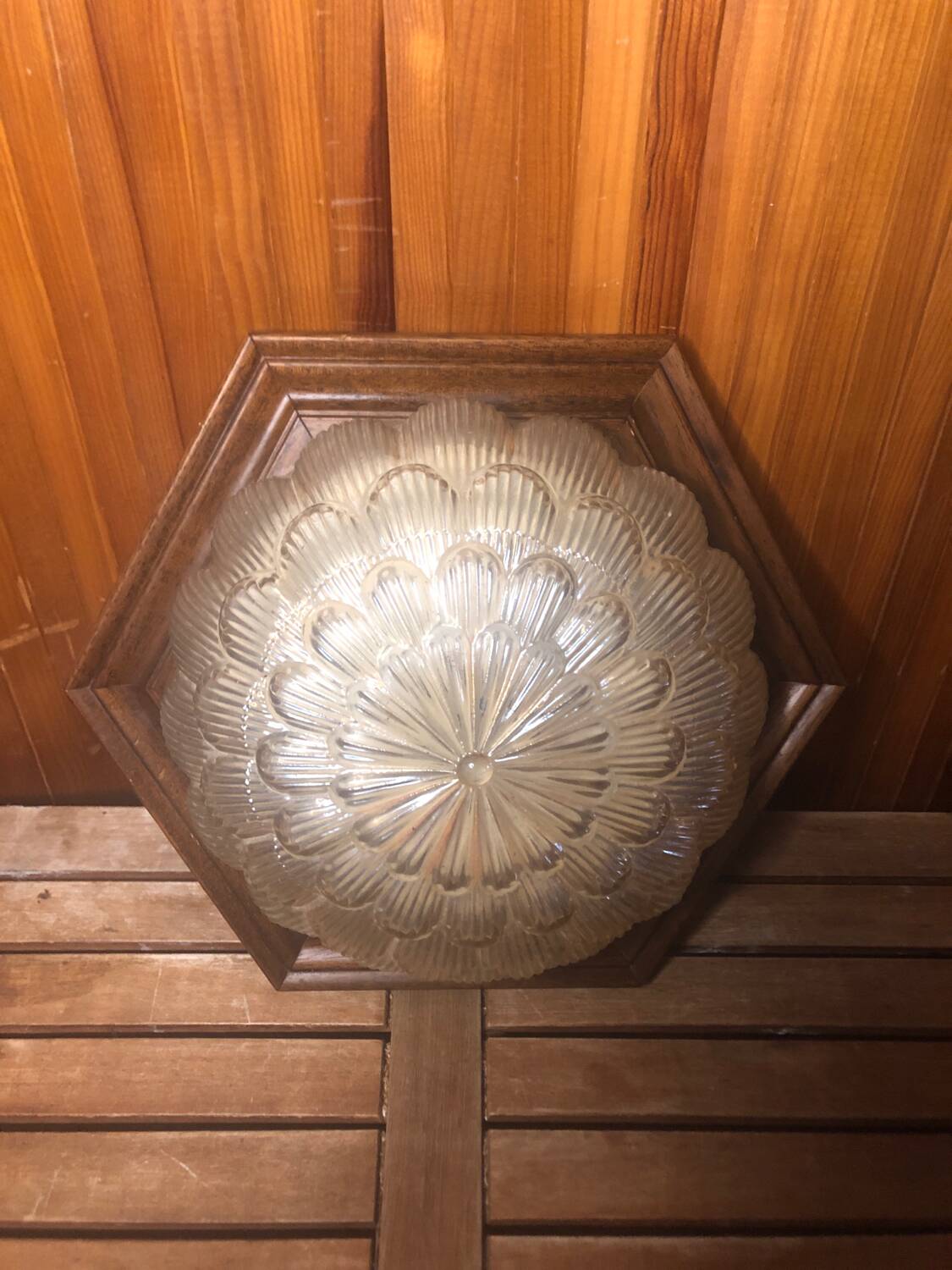 Old Gold Molded Glass Pendant Light + Vintage Wood Contour #A360