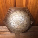 Ancienne Suspension Verre Moulé Doré + Contour Bois Vintage #A360