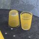 Liqueur service composed of a glass carafe and 8 small yellow screen-printed glasses