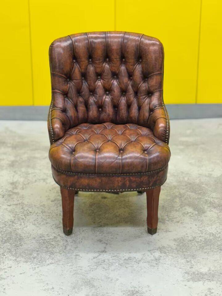 Original English Chesterfield Tub Chair - Vintage Antique Brown Leather