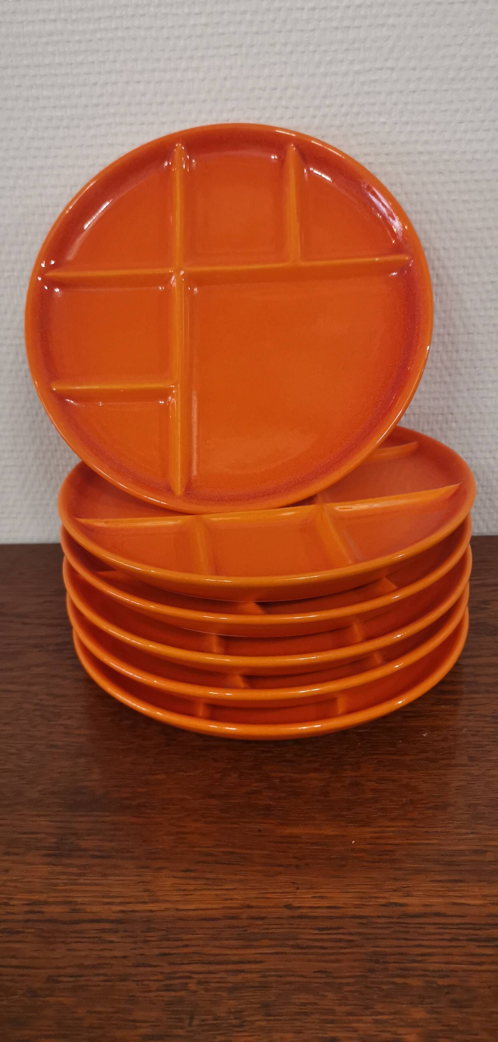 Set of 6 Orange St Amand Fondue Plates Vintage 1970