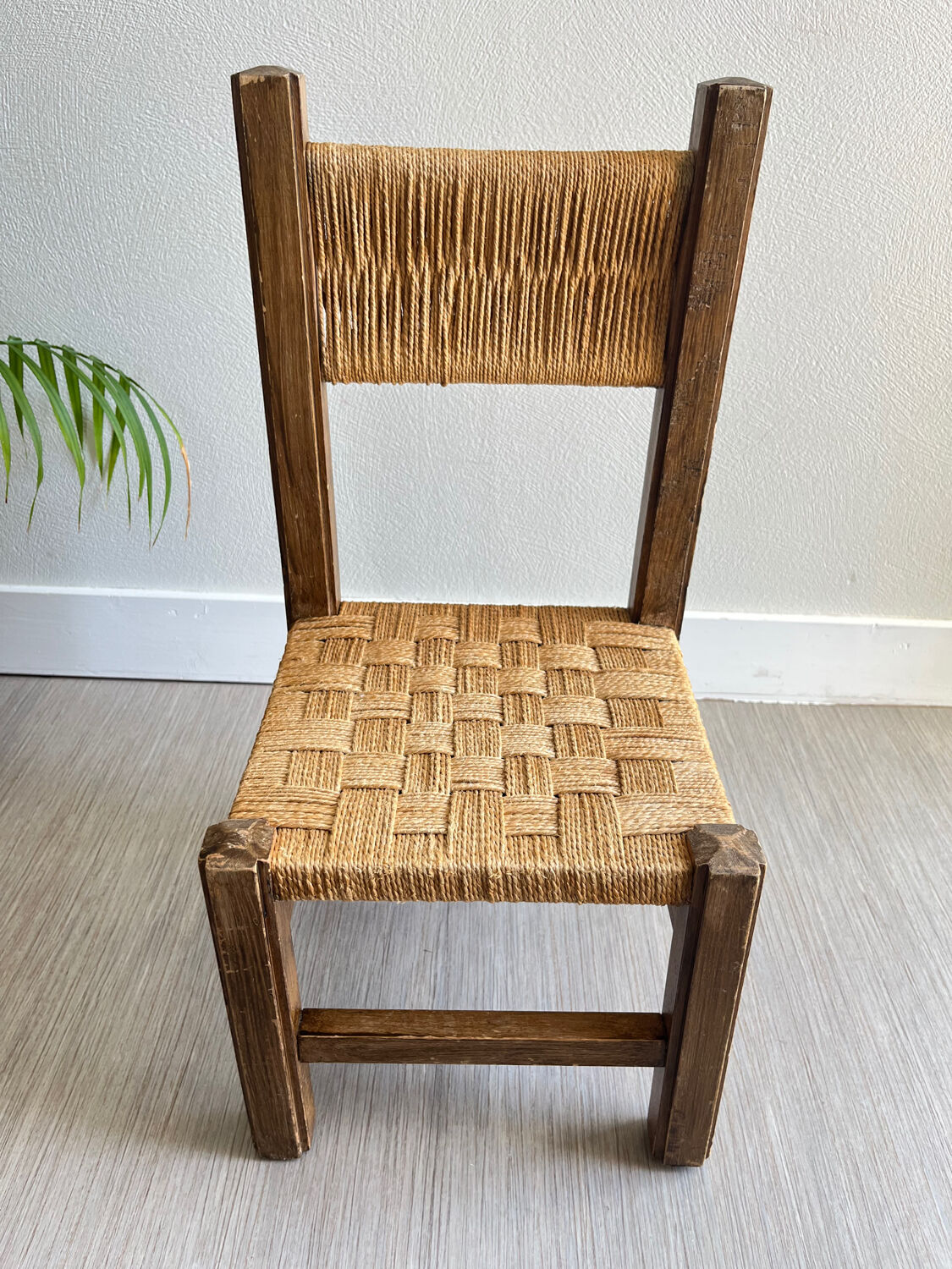 Vintage children's chair wood and rope by Audoux and Minet