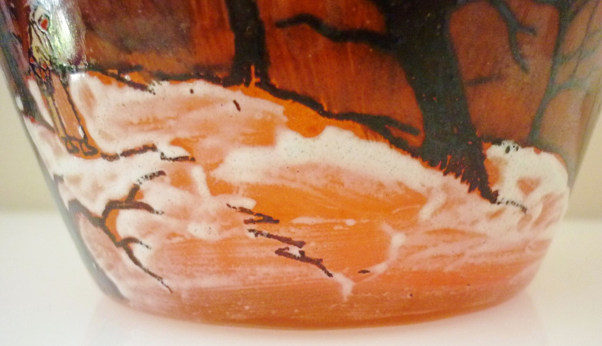 Seau, pot à biscuits ancien, verre soufflé, émaillé, ateliers Legras, art nouveau