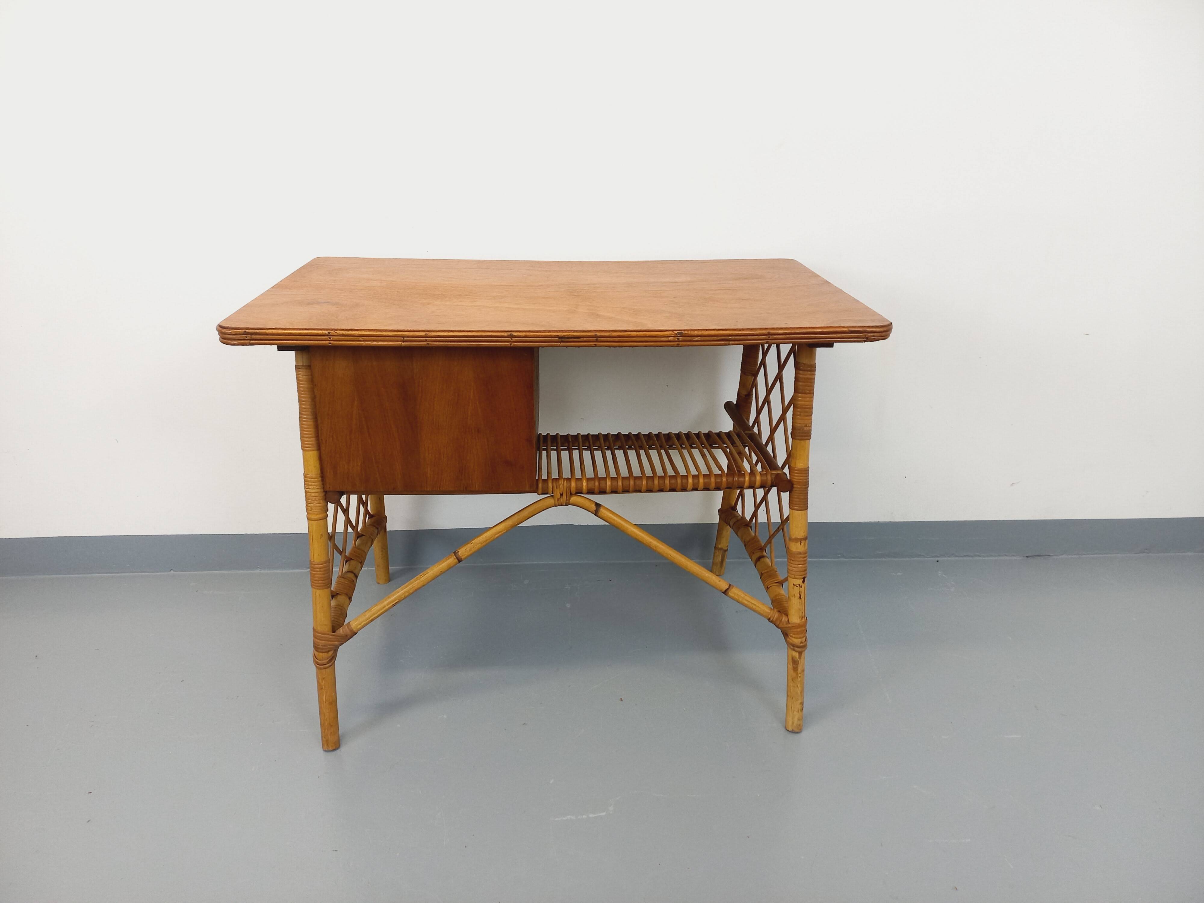 Vintage Louis Sognot desk in rattan and wood from the 1960s