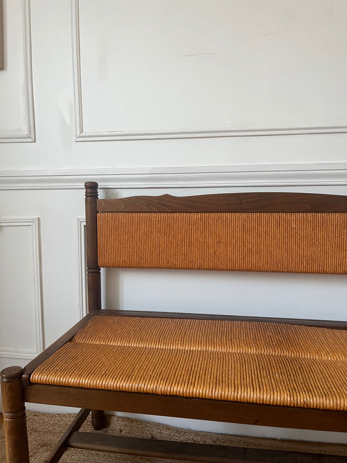 Provençal rustic wood and straw bench