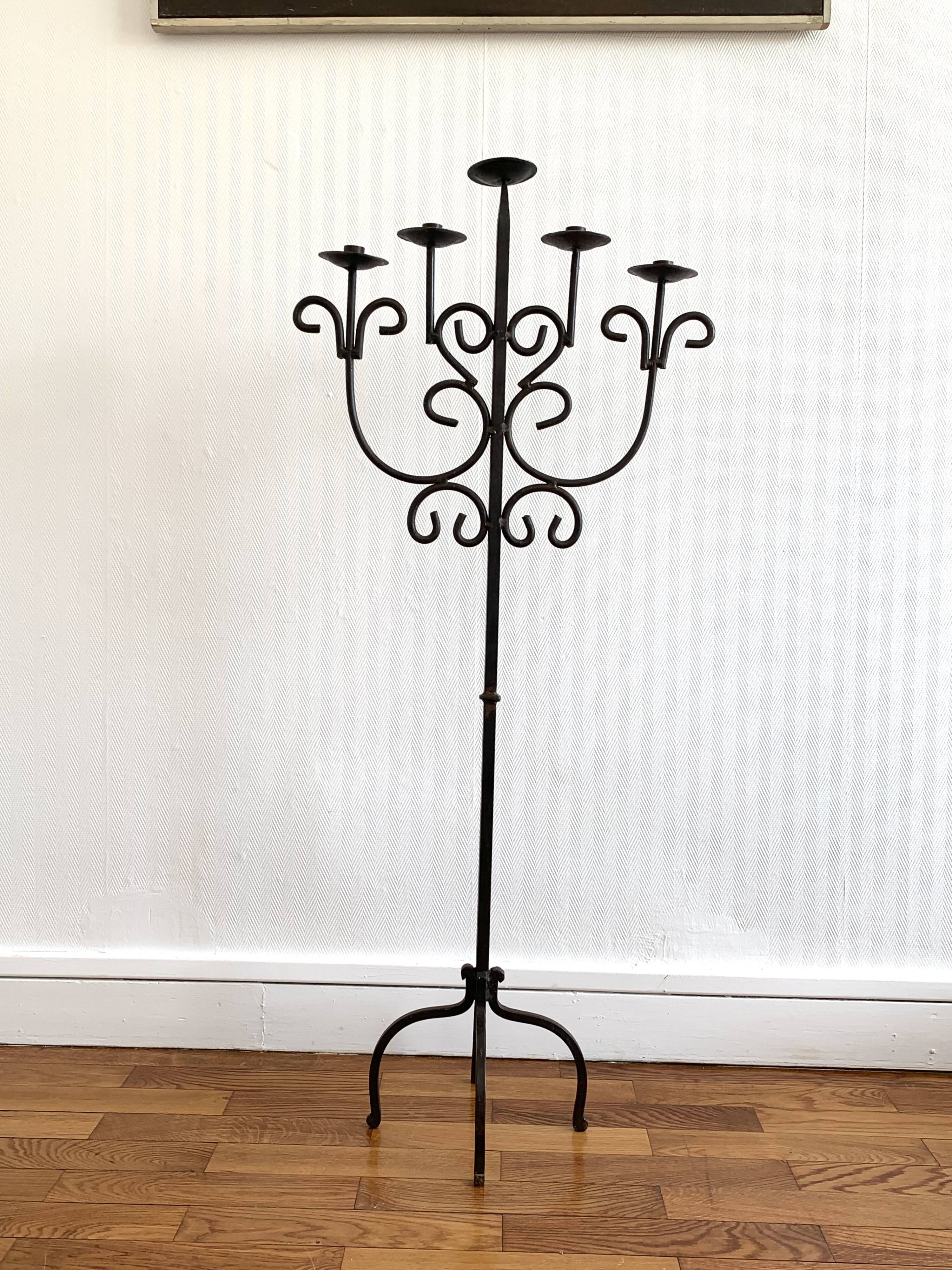 Wrought iron standing chandelier with five arms of light