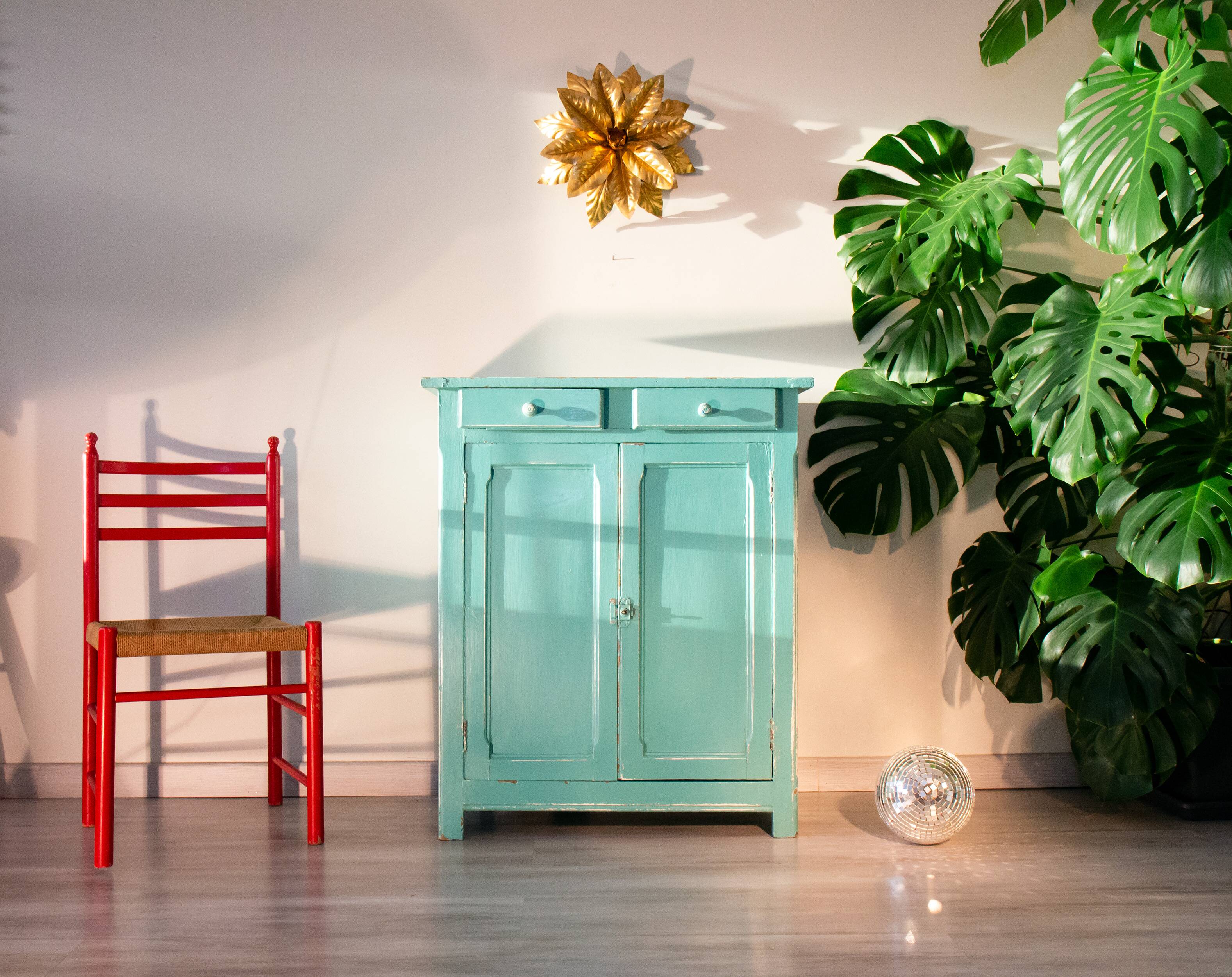 Parisian water green sideboard, patinated wood, 1950