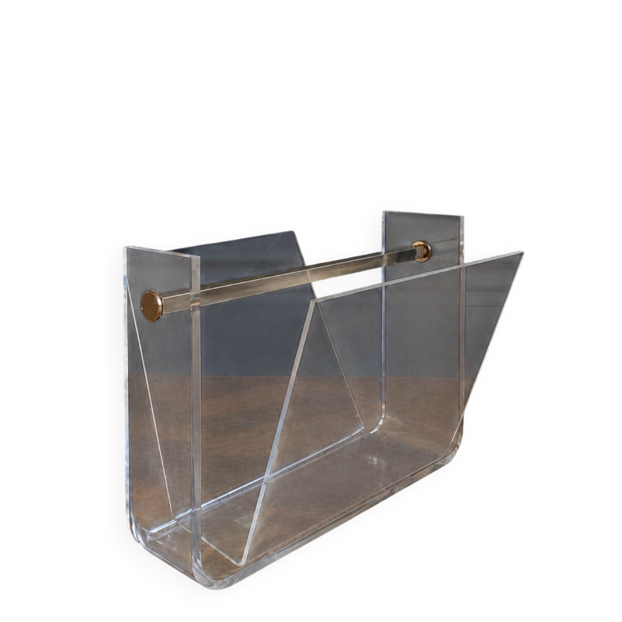 Vintage magazine rack in plexiglass by David Lange.