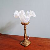 Table lamp in gilded bronze with opalescent glass shade, early 20th century.