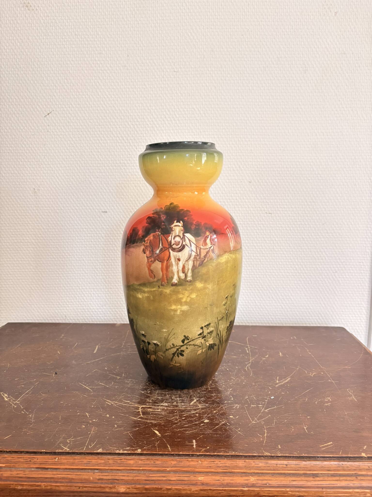 Antique English Vase Soleilian SF&Co 1910 Earthenware Decor Horses Ploughman