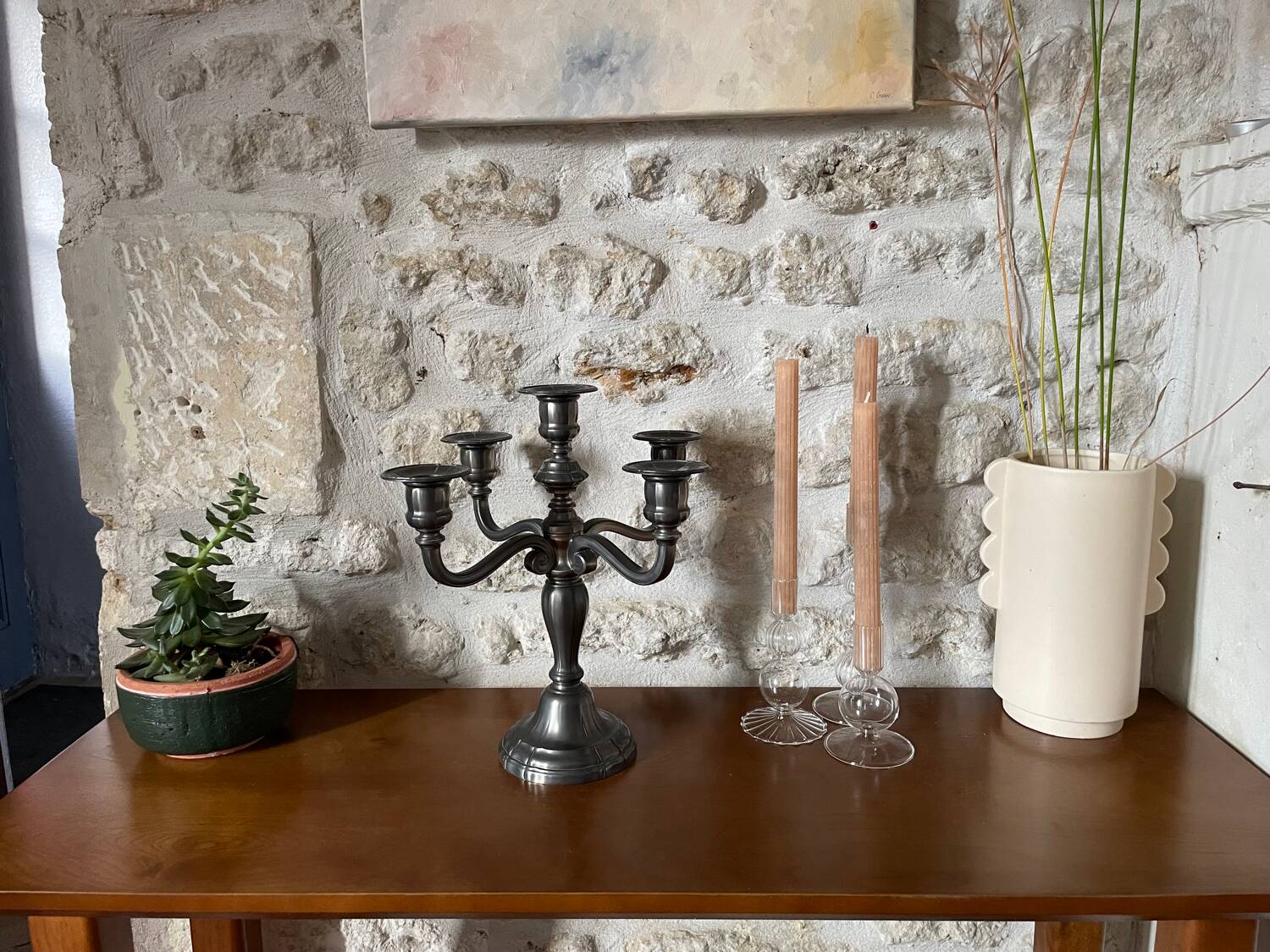 Candélabre ancien en étain – 5 branches – France, milieu XXᵉ siècle