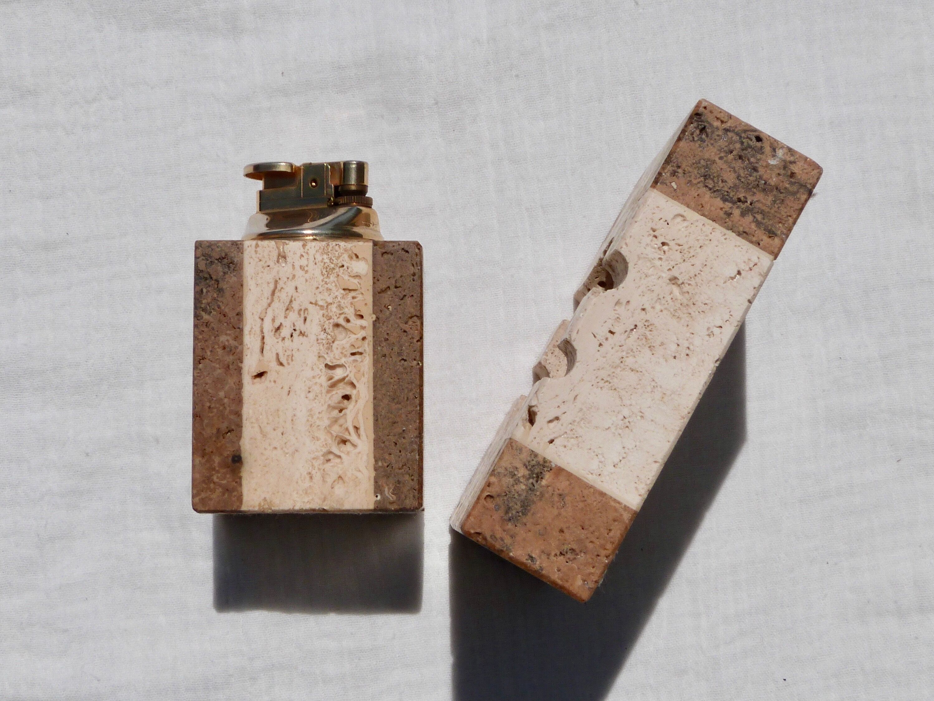 Travertine smoker's set, lighter and ashtray