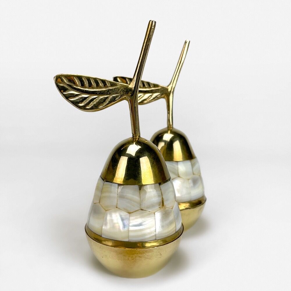 Duo of pear boxes in mother-of-pearl and brass 80s