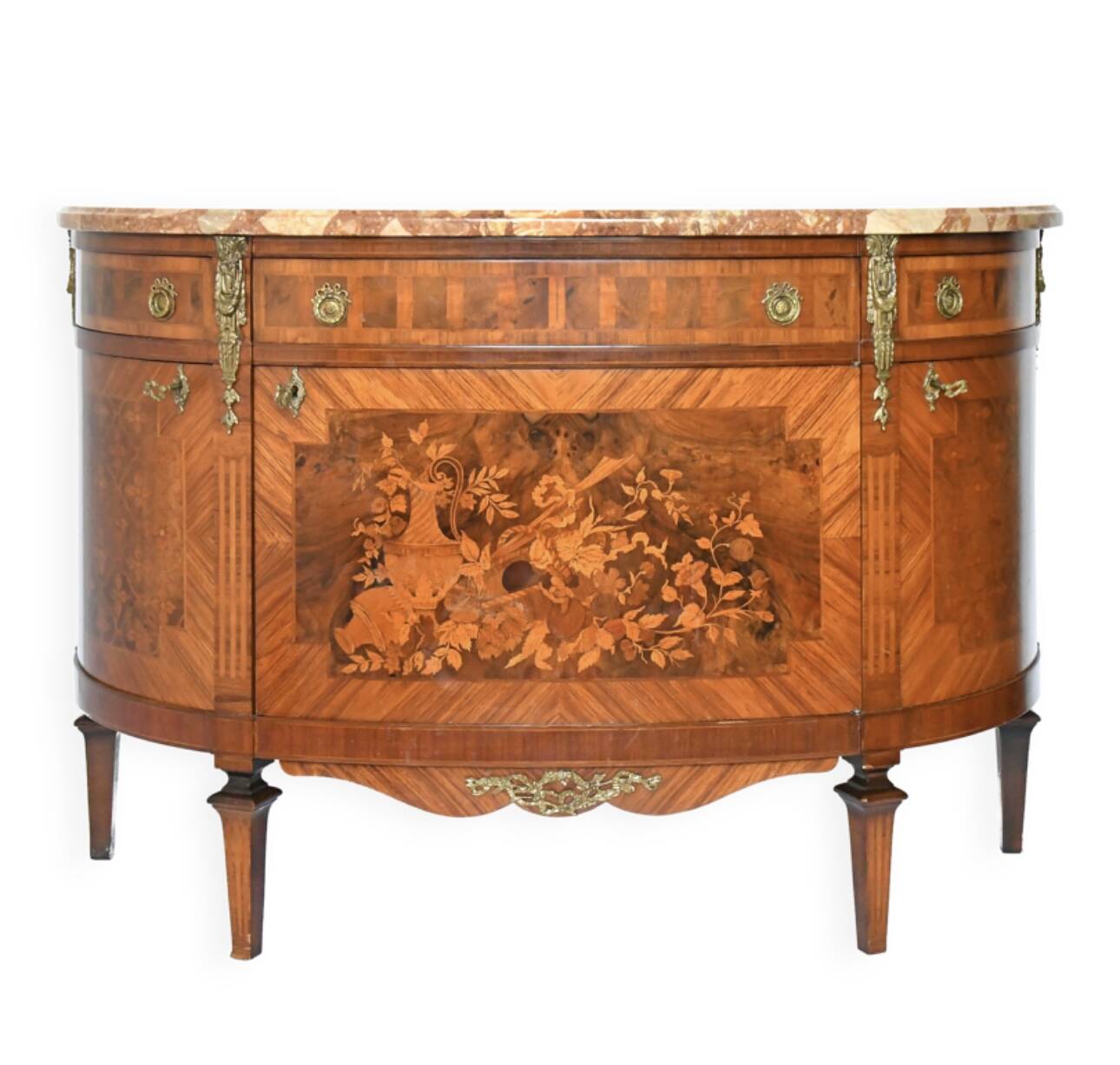 Louis XVI style half-moon marble marquetry sideboard