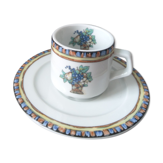 Tasse à café expresso et soucoupe apilco porcelaine dure modèle panier à fruits années 90