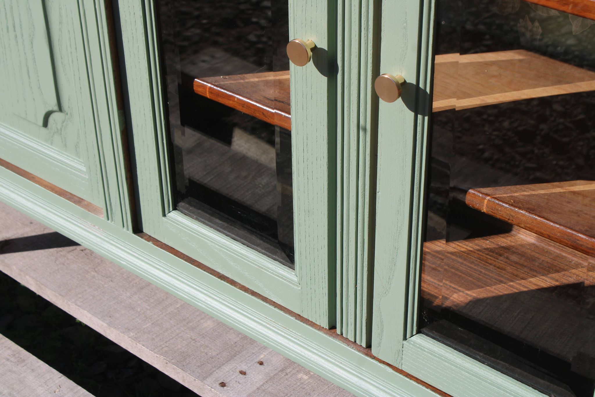Renovated vintage sage green enfilade – wooden legs & bevelled display cabinets