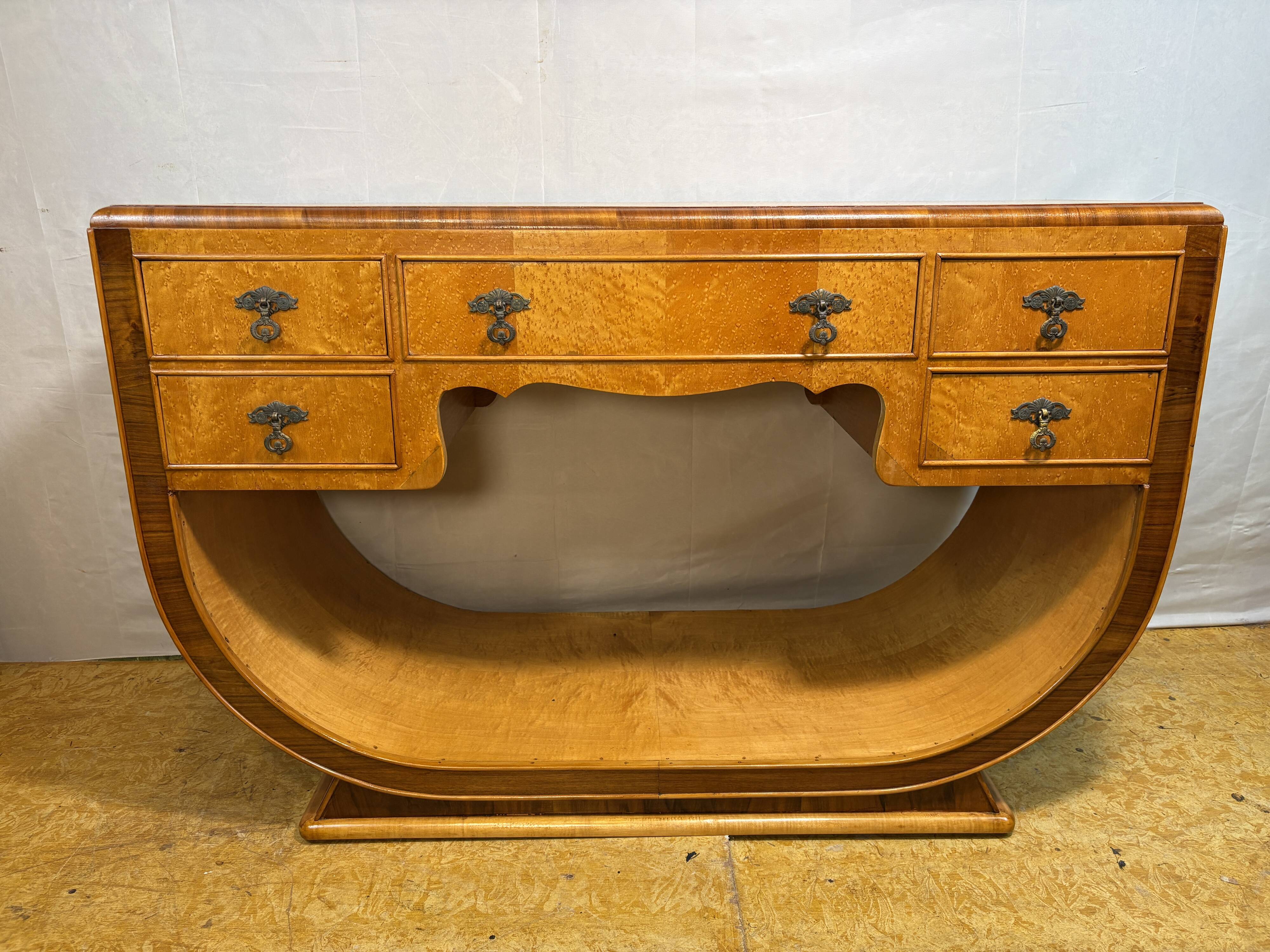 Table console vintage Art Déco en érable à œil d'oiseau 1920-1930 Sweep