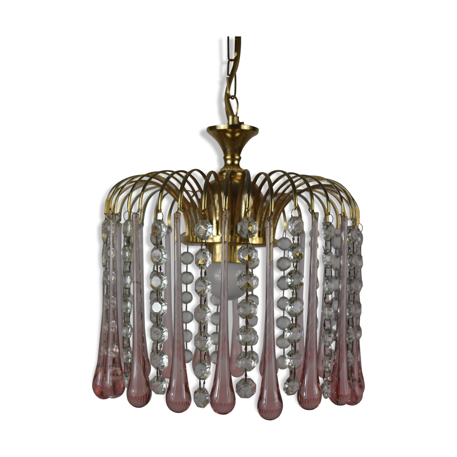 chandelier glass stamps, pink glass drops.