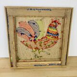 70s rooster tapestry, wooden frame